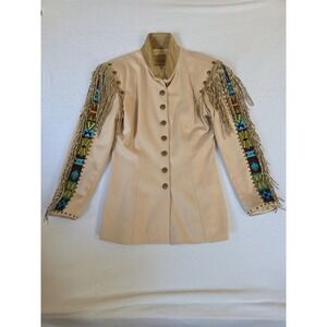 Double D Ranchwear Beaded Fringe Calvary Jacket Western Wool Small Tan Boho VTG